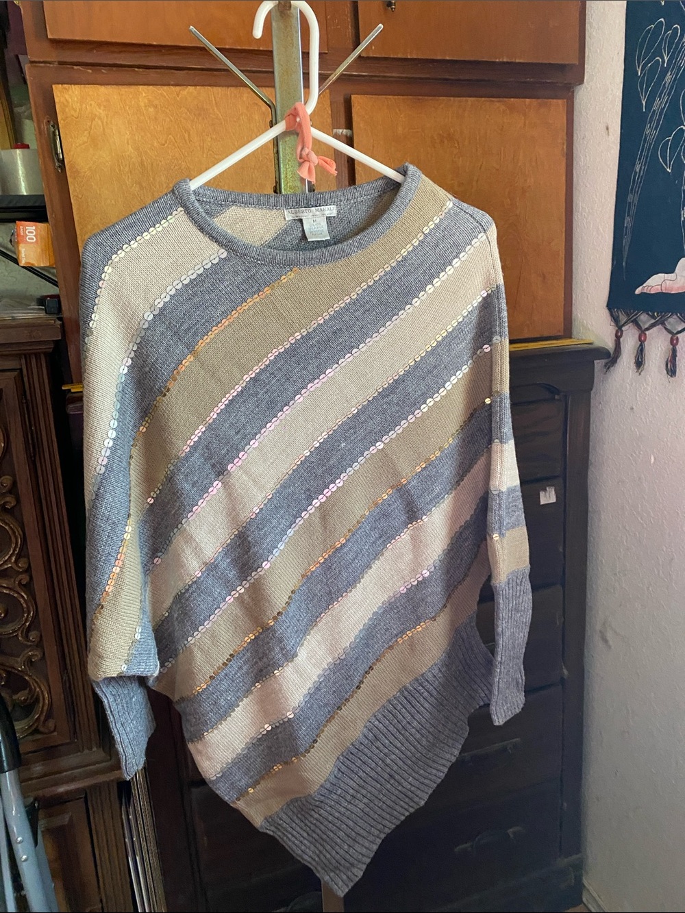 Women wool Alberto Makali Diagonal Stripe Sequin Sweater - Gray & Cream